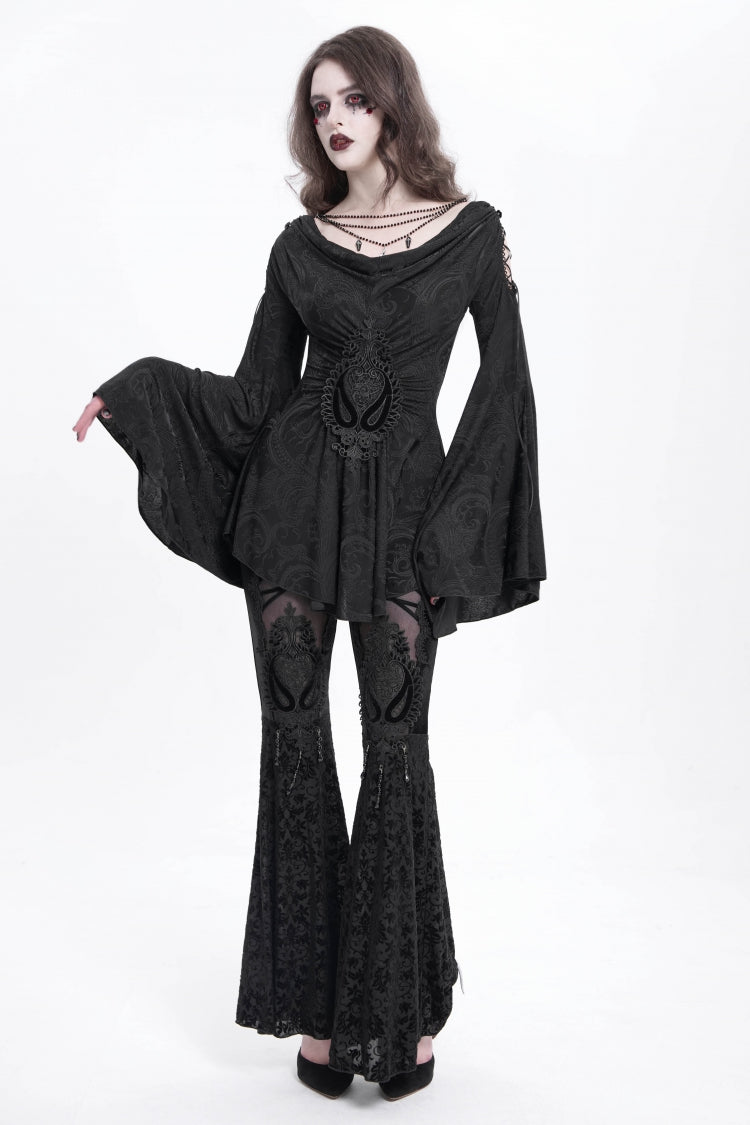 Black Long Trumpet Sleeves Print Embroidery Women's Gothic Blouse - Product - 11