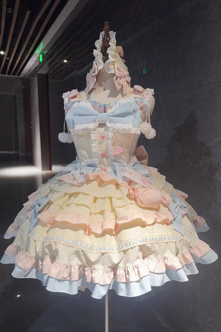 Blue/Pink/Ivory [Candied Pastry Crisp] Multi-Layered Ruffled Bow Sweet Lolita Jsk Dress - Product - 6