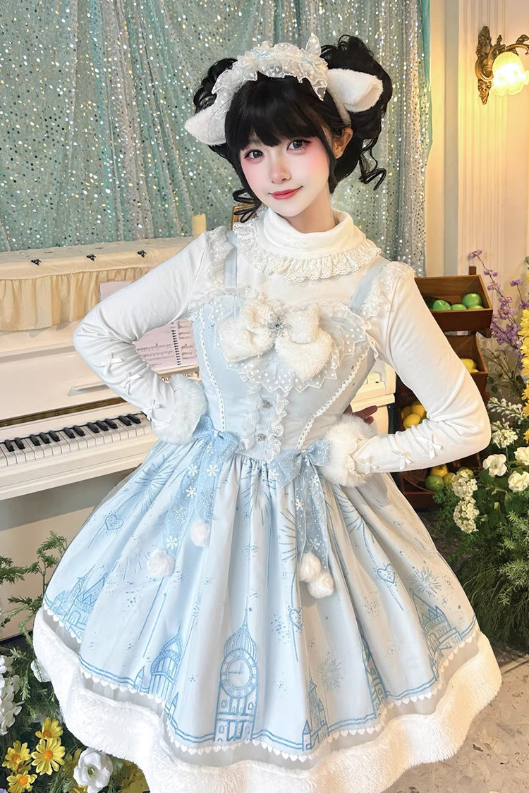 Blue [Snow Castle] Sleeveless Printed Embroidered Bow Lace Sweet Lolita Jsk Dress - Product - 3