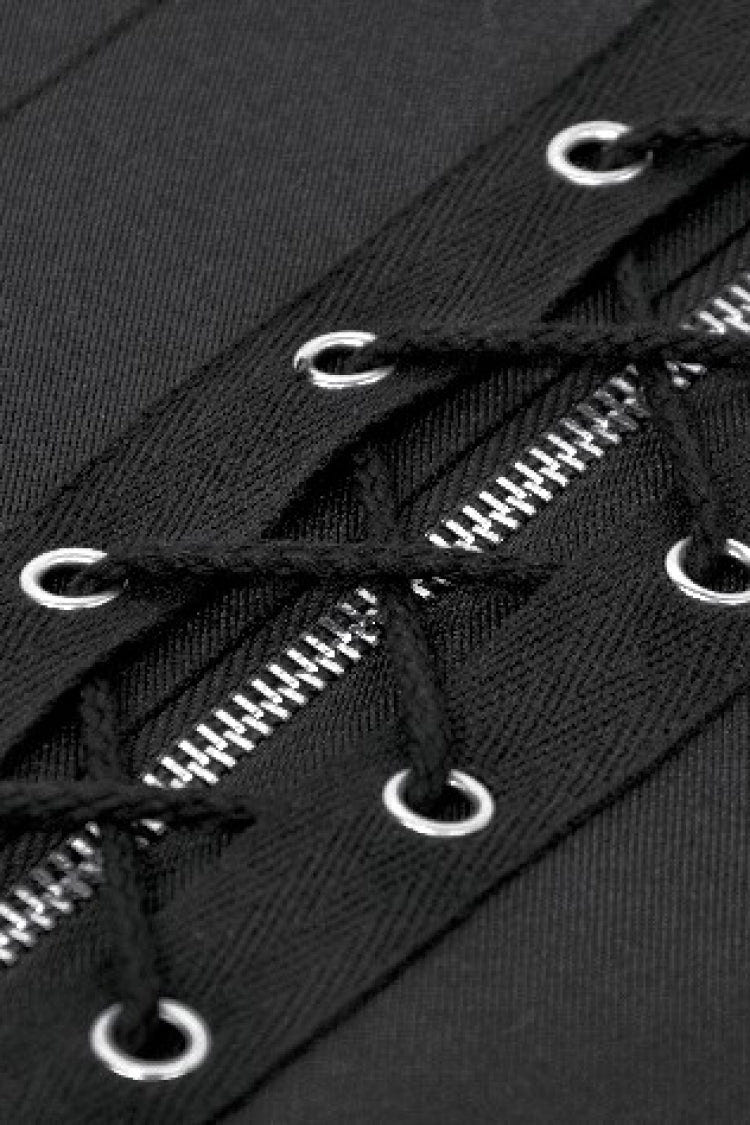 Black Lapel Collar Sleeveless Lace-Up Studded Zippered Eyelet Women's Punk Vest - Product - 13