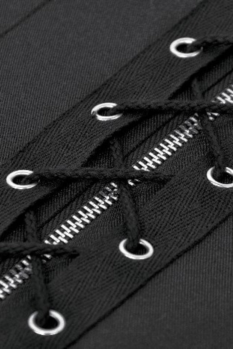 Black Lapel Collar Sleeveless Lace-Up Studded Zippered Eyelet Women's Punk Vest - Product - 13