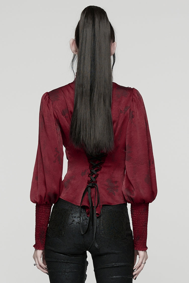 Red Stand Collar Long Puff Sleeves Ruffle Stitching Lace Women's Gothic Blouse - Product - 3