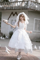 White Ode to Floating Lights Fantasy Fairy Short Sleeves Ruffle Sweet Elegant Lolita Dress - Product - 2