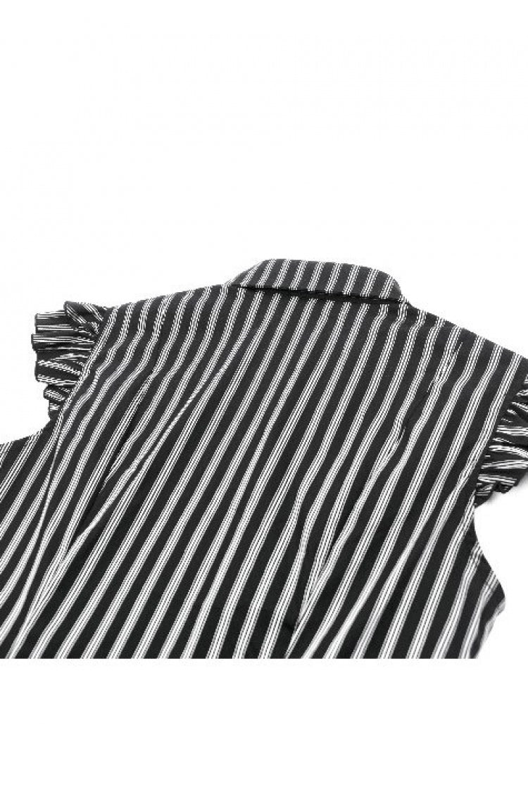 Black/White Vertical Striped Turn-down Collar Ruffled Women's Gothic Blouse with Detachable Tie - Product - 17