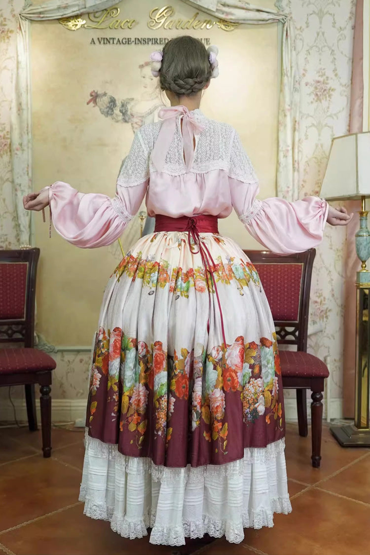 Red [Rainy Season Garden] Print Ruffle Sweet Classic Lolita Skirt - Product - 7
