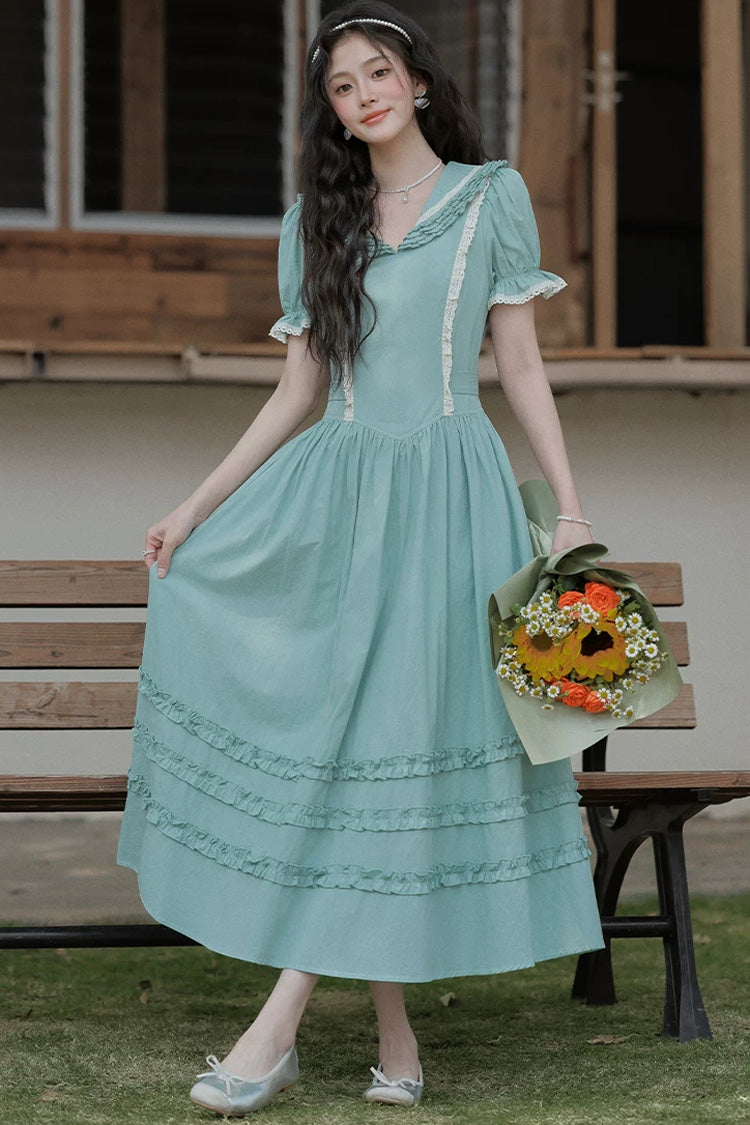 Lake Blue V Collar Short Puff Sleeves Ruffled Lace Sweet College Style Lolita Dress - Product - 6