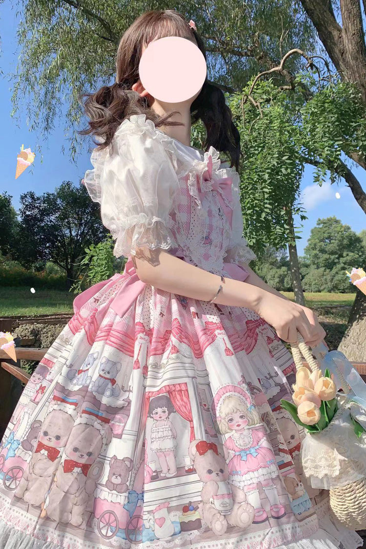 Pink Plush Bear and Doll Print Ruffle Bowknot Lace Sweet Lolita Jsk Dress - Product - 7