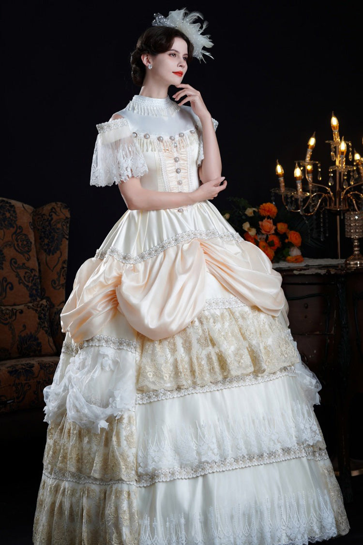 Champagne Stand Collar Multi-Layered Ruffled Lace Classic Vintage Palace Victorian Lolita Dress - Product - 4