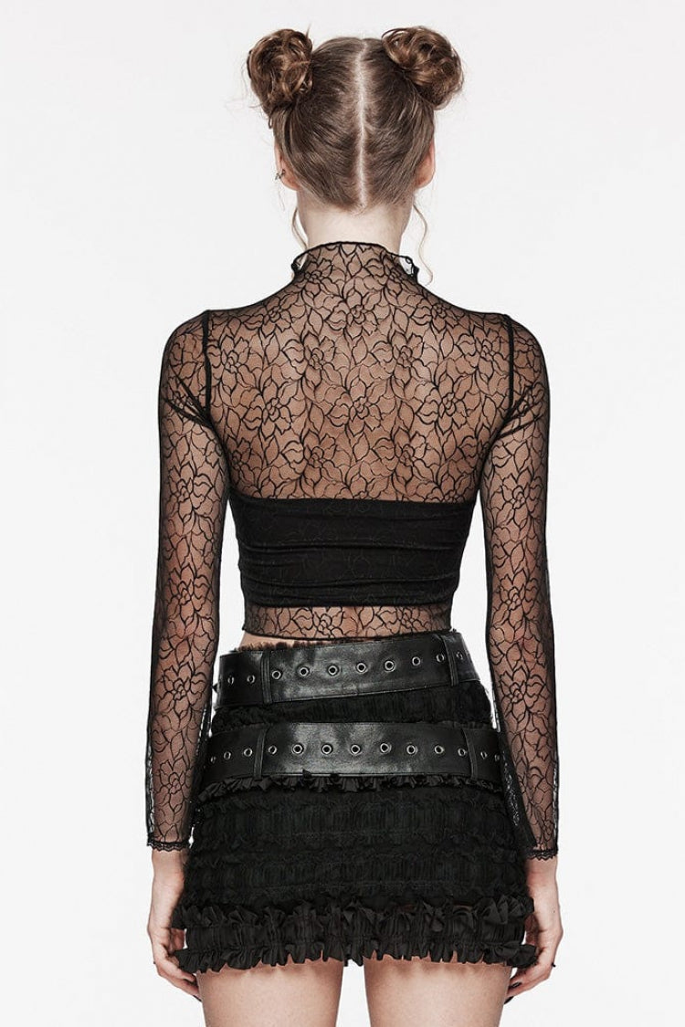 Black Long Sleeves Butterfly Embroidery Sheer Mesh Women's Gothic T-Shirt - Product - 3