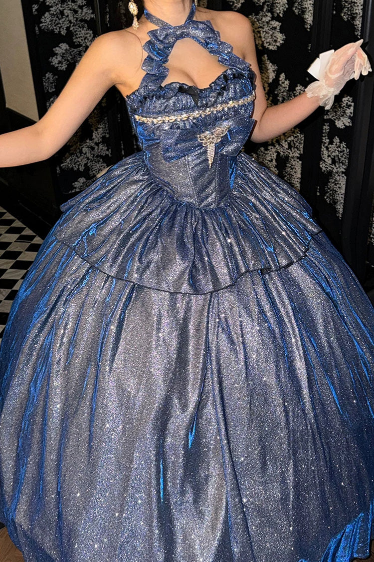 Blue [Paris-Inspired] Sleeveless Glitter Series Ruffled Cut-Out Bow Sweet Lolita Skirt Set - Product - 8