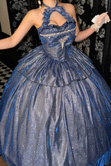 Blue [Paris-Inspired] Sleeveless Glitter Series Ruffled Cut-Out Bow Sweet Lolita Skirt Set - Product - 8