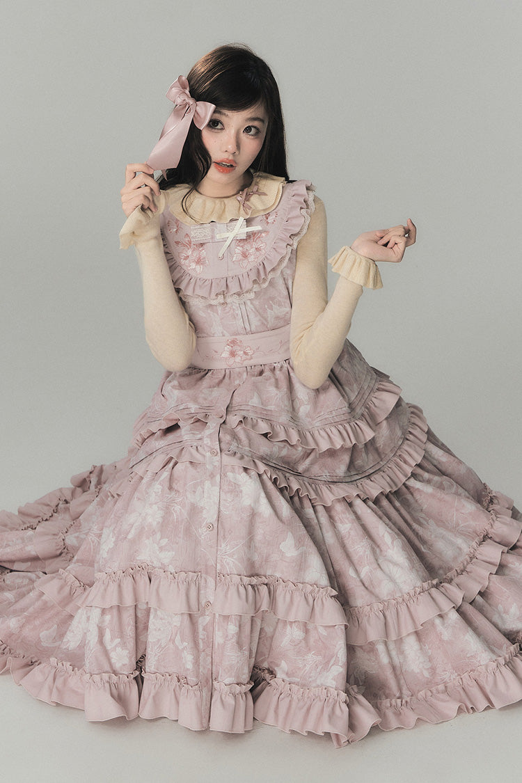 Pink [Sacred Heart Lily] Round Collar Sleeveless Multi-Layered Printed Ruffled Embroidered Sweet Chinese Inspired Lolita Jumper Dress - Product - 5