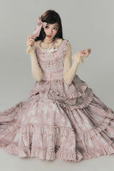 Pink [Sacred Heart Lily] Round Collar Sleeveless Multi-Layered Printed Ruffled Embroidered Sweet Chinese Inspired Lolita Jumper Dress - Product - 5