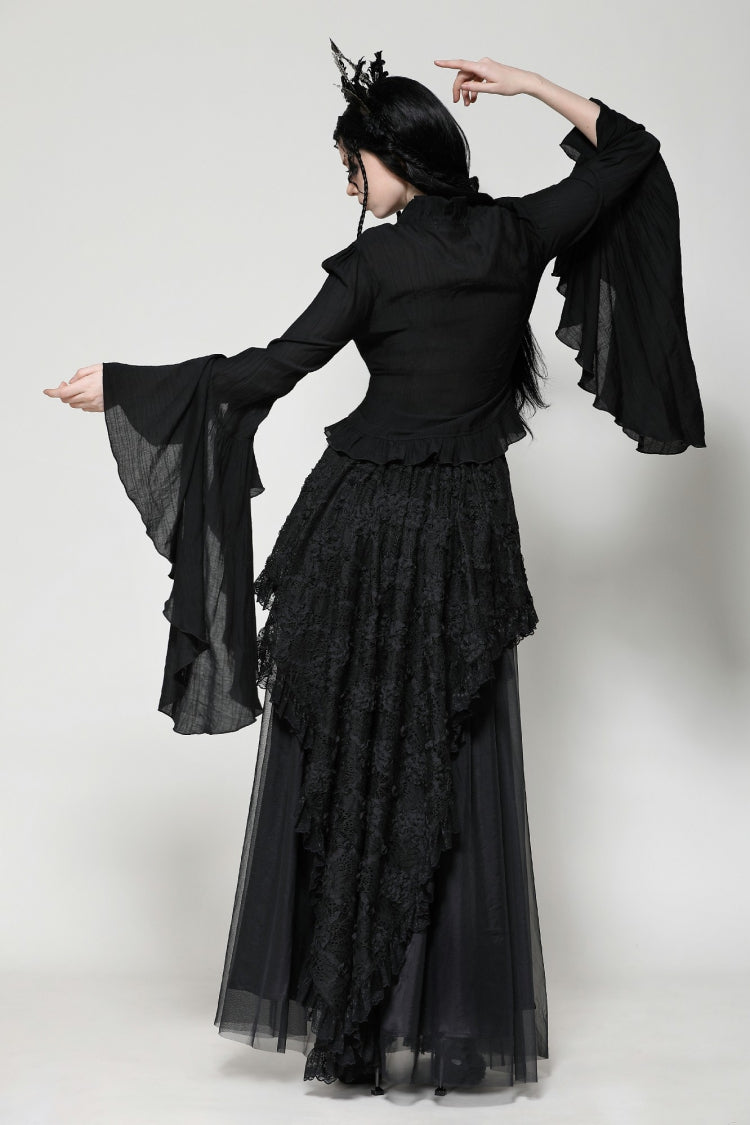 Black Ruffled V Collar Cross Ornament Long Trumpet Sleeves Pleated Women's Gothic Top - Product - 10