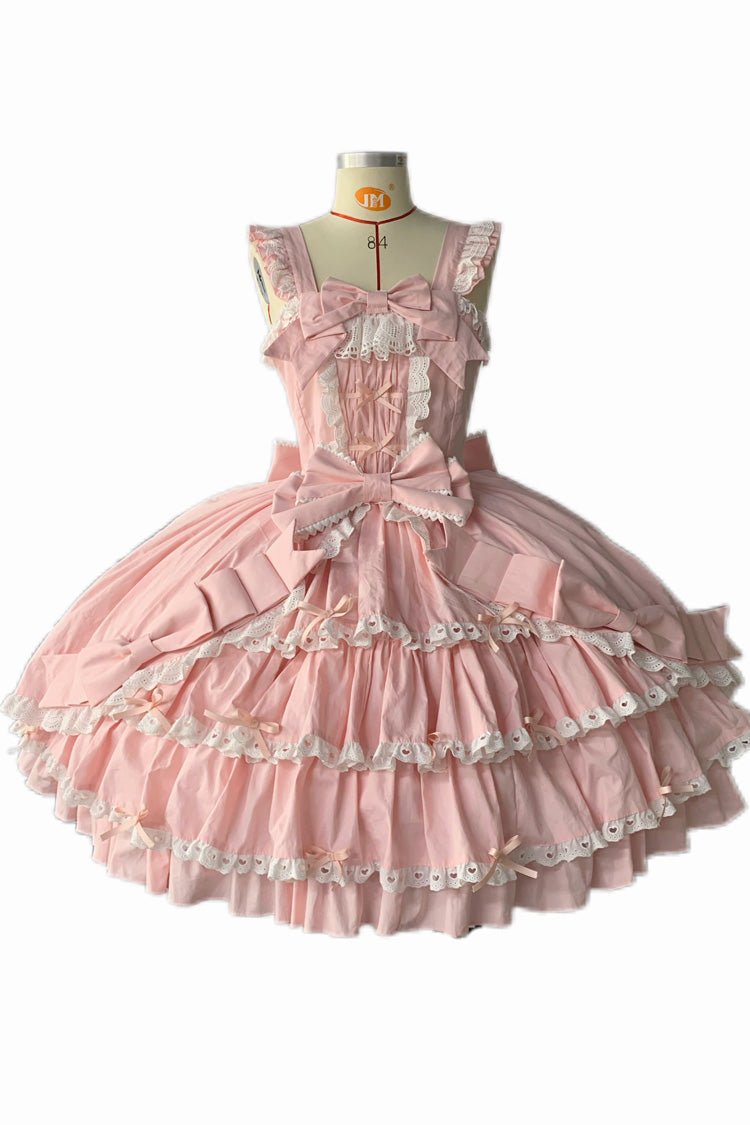 [Grisha] Sleeveless Triple-Layered Ruffle Cardigan Bowknot Lace Sweet Plus Size Lolita Jsk Dress 3 Colors - Pink - 5