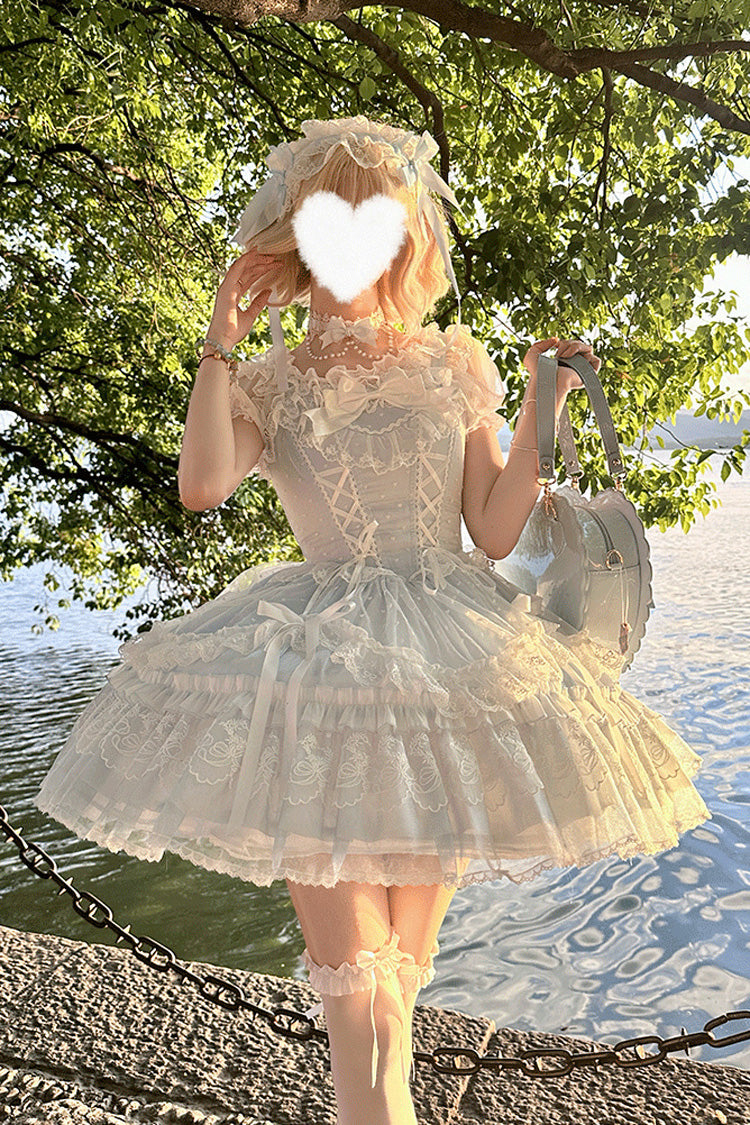 Blue [Candy House] Sleeveless Ruffle Bowknot Lace Lace-Up Sweet Lolita Jsk Dress - Product - 10