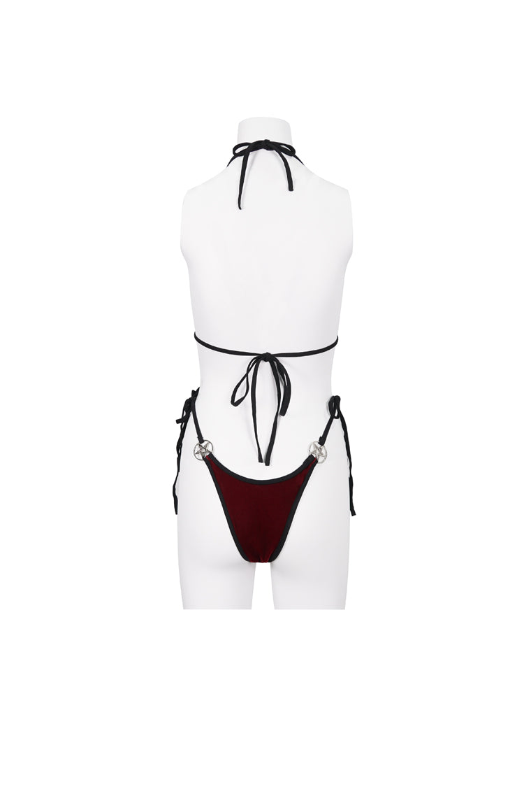 Red Velvet Stretch Sexy Cutout Pentagram Women's Gothic Swimsuit Set - Product - 9