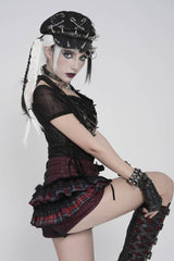 Black/Red Multi-Layered Lace Detachable Eyelet Women's Punk Layered Plaid Falbala Shorts - Product - 3