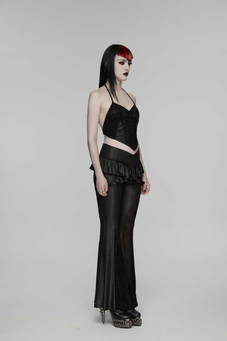 Black Ruffled Women's GothicRuffled Cobweb Pattern Flared Pants - Product - 5
