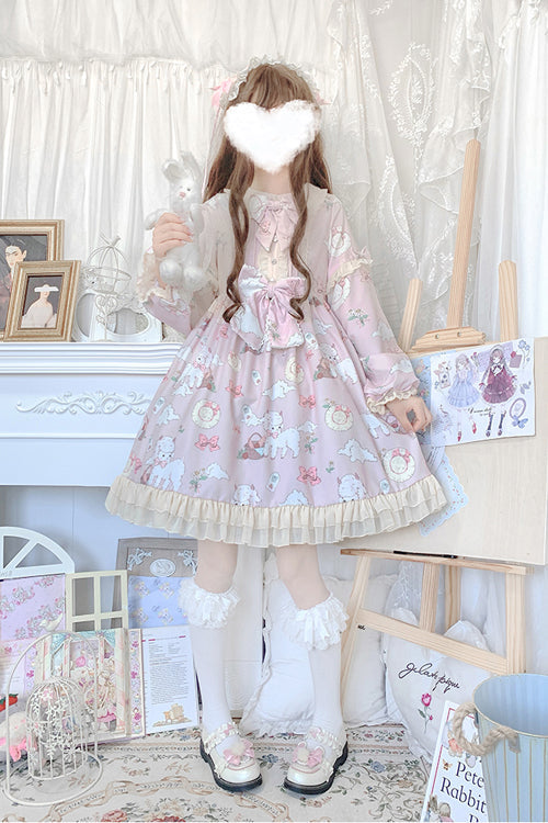 Doll Collar Lantern Sleeves Cute Sheep Print Sweet Lolita OP Dress - Pink - 7