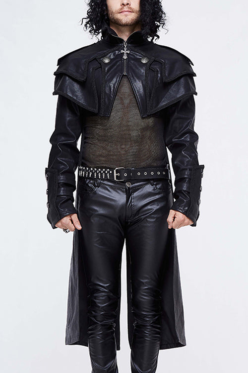 Black Punk Short Front And Long Back Cape Style Long Leather Mens Coat - Black - 1