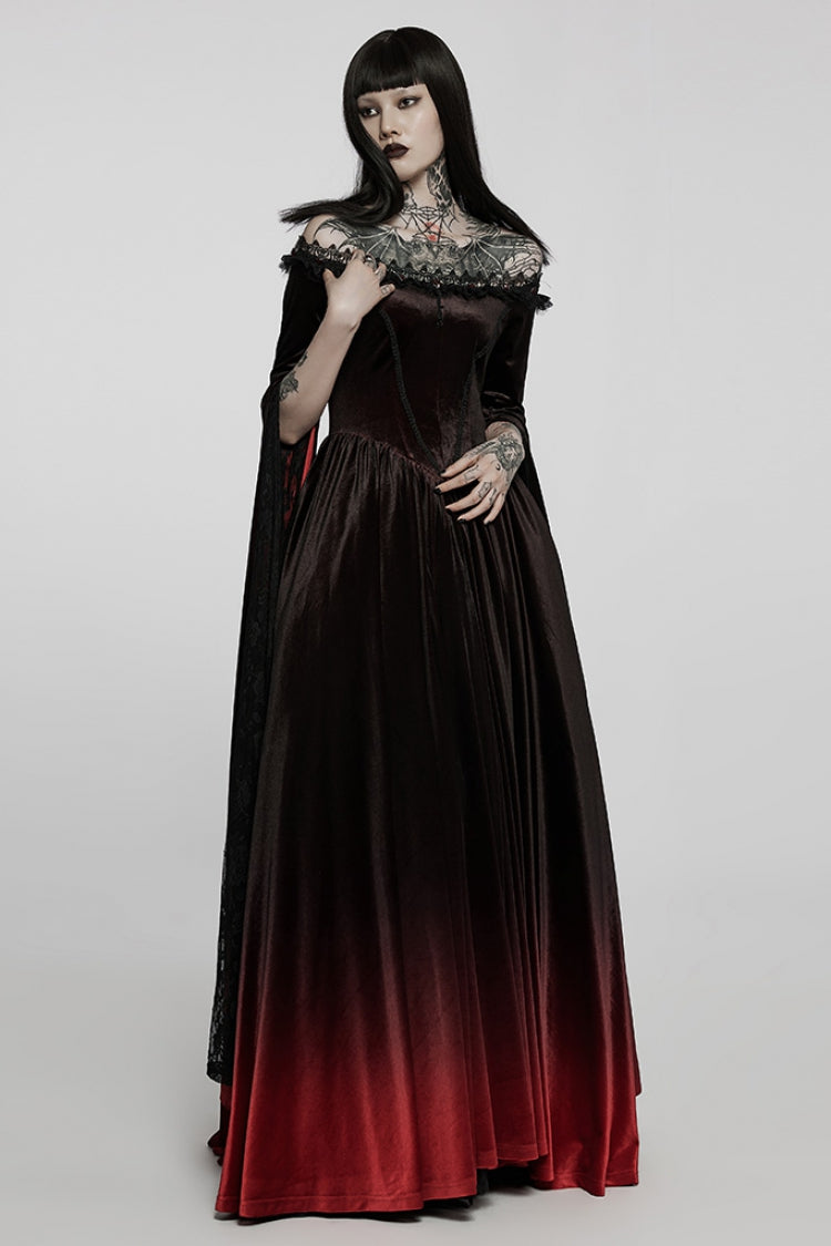 Black/Red Off Shoulder Long Trumpet Sleeves Gradient Lace Women's Gothic Dress - Product - 2