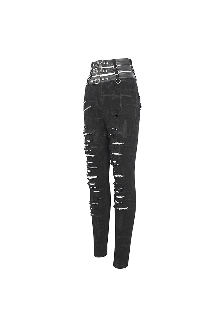 Black High Waisted Loophole Ripped Buckle Women's Punk Pants - Product - 9