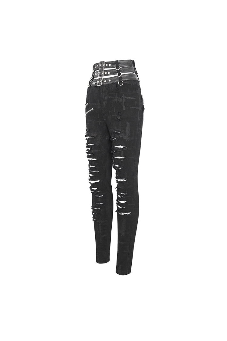 Black High Waisted Loophole Ripped Buckle Women's Punk Pants - Product - 9
