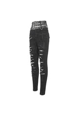 Black High Waisted Loophole Ripped Buckle Women's Punk Pants - Product - 9