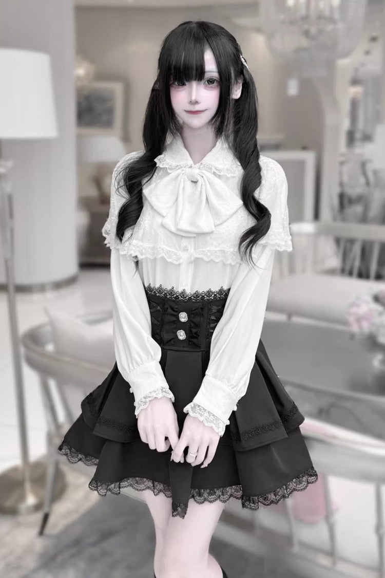 [Dark Moon Shadow] Long Sleeves Double-Layered Ruffled Embroidered Bow Lace-Up Gothic Jirai Kei Lolita Top + Skirt Set - White-Top(Only) - 8