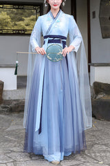 Blue Glazed Chest Embroidered Sweet Hanfu Dress - Blue - 1