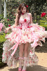 Pink Multi-Color Rose Print Sleeveless Sweet Lolita Strapless Dress - Product - 4