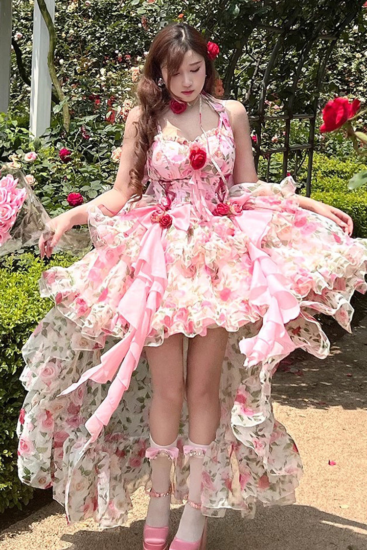 Pink Multi-Color Rose Print Sleeveless Sweet Lolita Strapless Dress - Product - 4