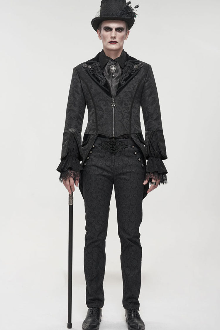 Black Gothic Embroidered Print Pattern Metal Pattern Buckle Decoration Trumpet Sleeve Men's Swallowtail Coat - Product - 6
