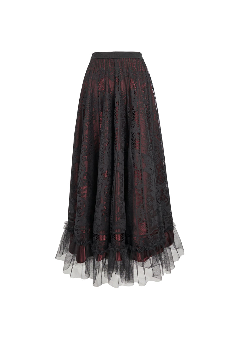 Black/Red Lace Flower Mesh Hem Paneled Ruffles Lace Big Swing Women's Gothic Skirt - Product - 7