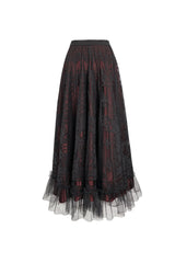 Black/Red Lace Flower Mesh Hem Paneled Ruffles Lace Big Swing Women's Gothic Skirt - Product - 7