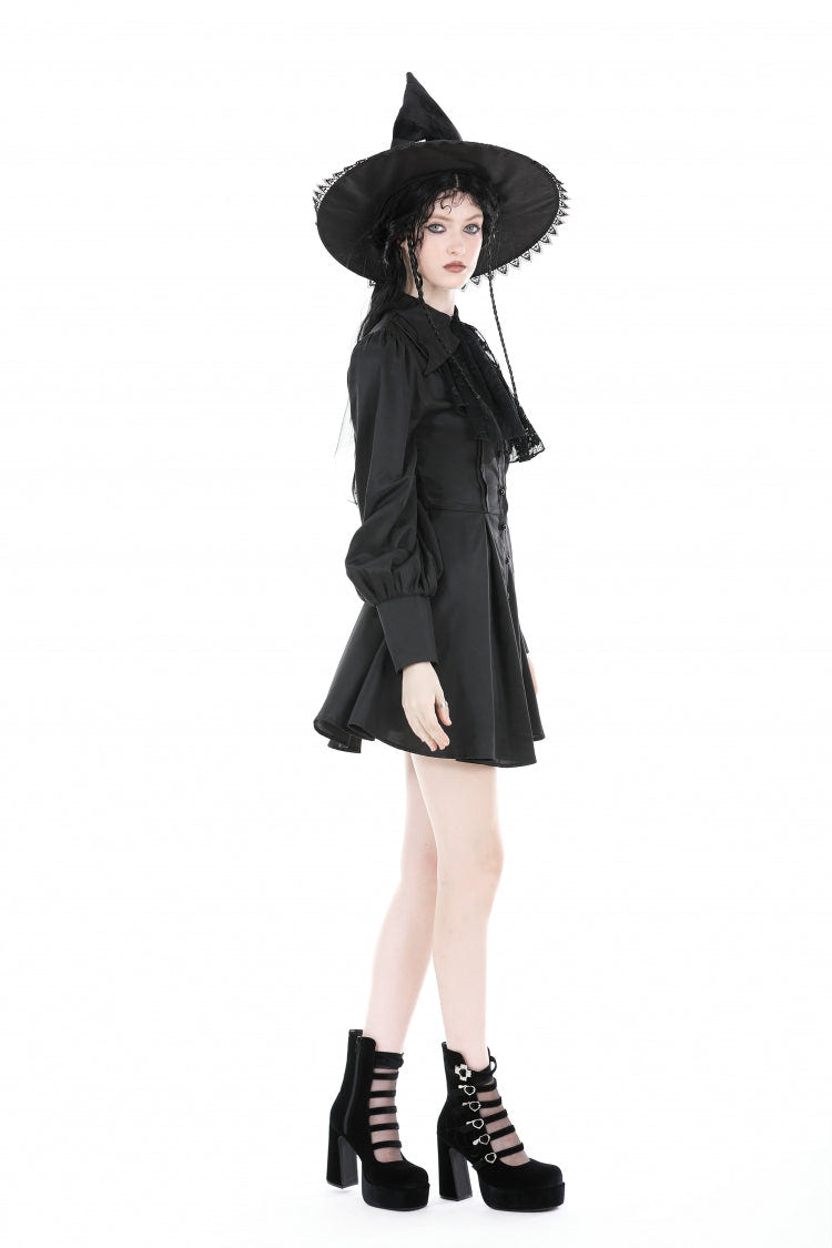 Black Turn-down Collar Long Lantern Sleeves Women's Gothic Dress with Necktie - Product - 2