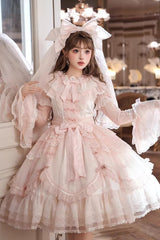 Pink [Candy Flavor] Round Collar Short Sleeves Ruffled Bow Lace Sweet Gorgeous Lolita OP Dress - Product - 2