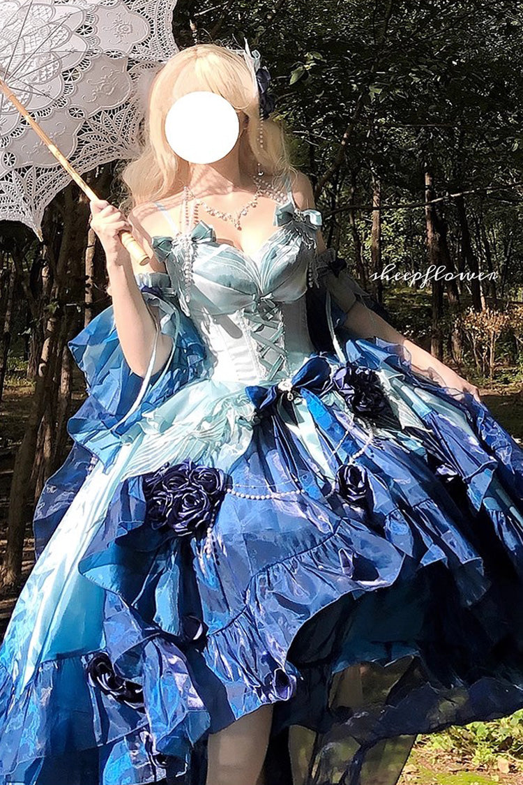 Undersea Blue [Swan Wonderland] Embroidery Bowknot Lace-Up Short Front Long Back Irregular Sweet Ballet Lolita Jsk Dress - Product - 5