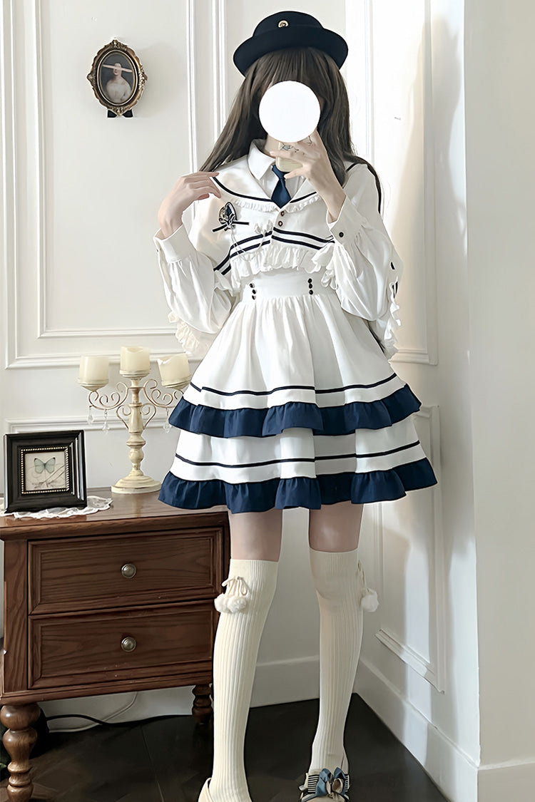 White Long Sleeves Double-Layered Ruffle Sweet College Style Lolita Dress - Product - 10