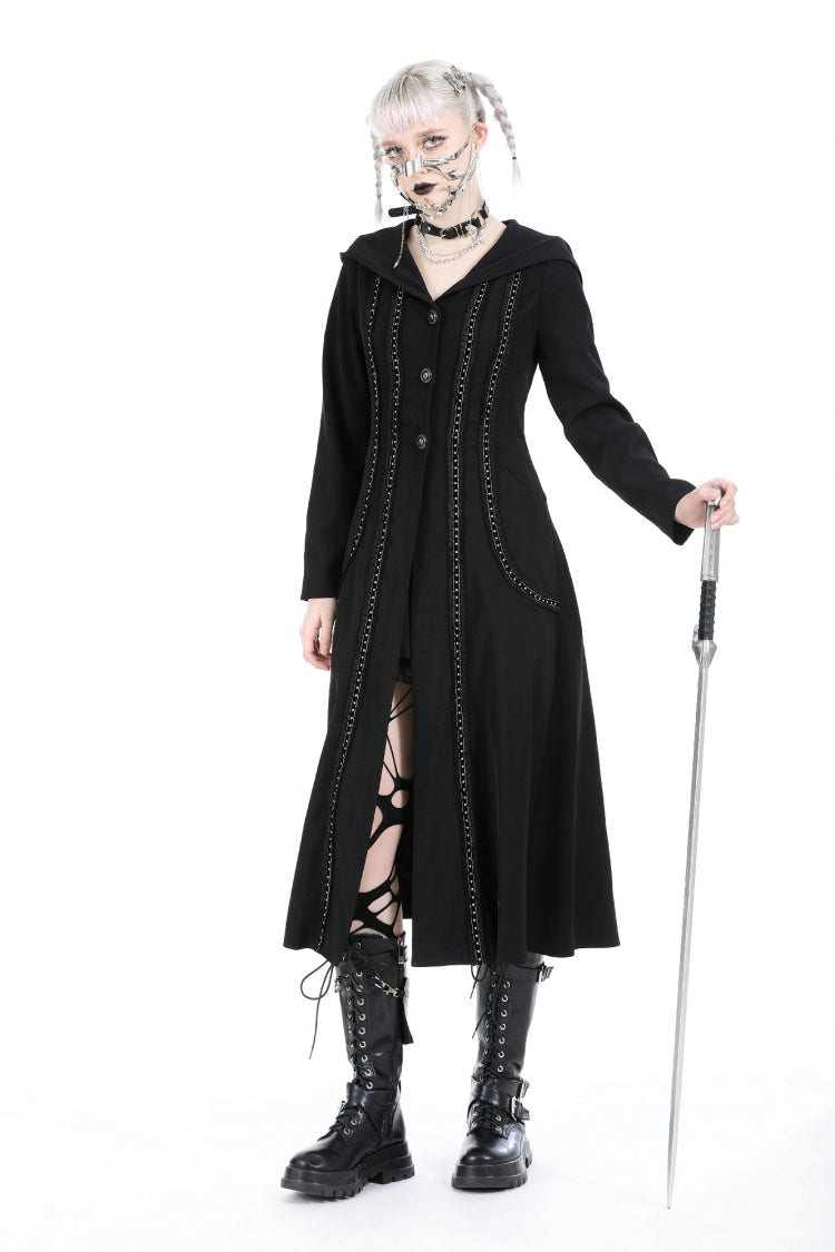 Black Long Sleeves Ruffled Lace-Up Women's Punk Long Jacket with Hood - Product - 5