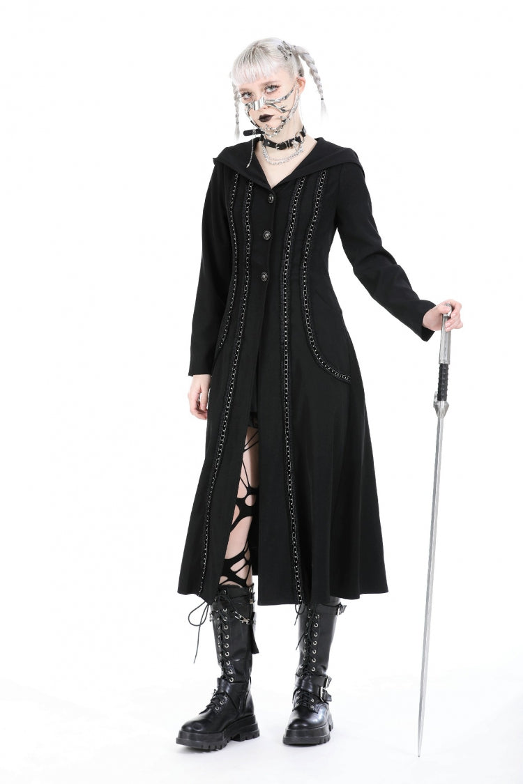 Black Long Sleeves Ruffled Lace-Up Women's Punk Long Jacket with Hood - Product - 5
