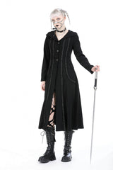 Black Long Sleeves Ruffled Lace-Up Women's Punk Long Jacket with Hood - Product - 5