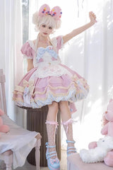 Pink Short Sleeves Multi-Layered Ruffle Bowknot Sweet Princess Lolita Dress Full Set - Product - 7
