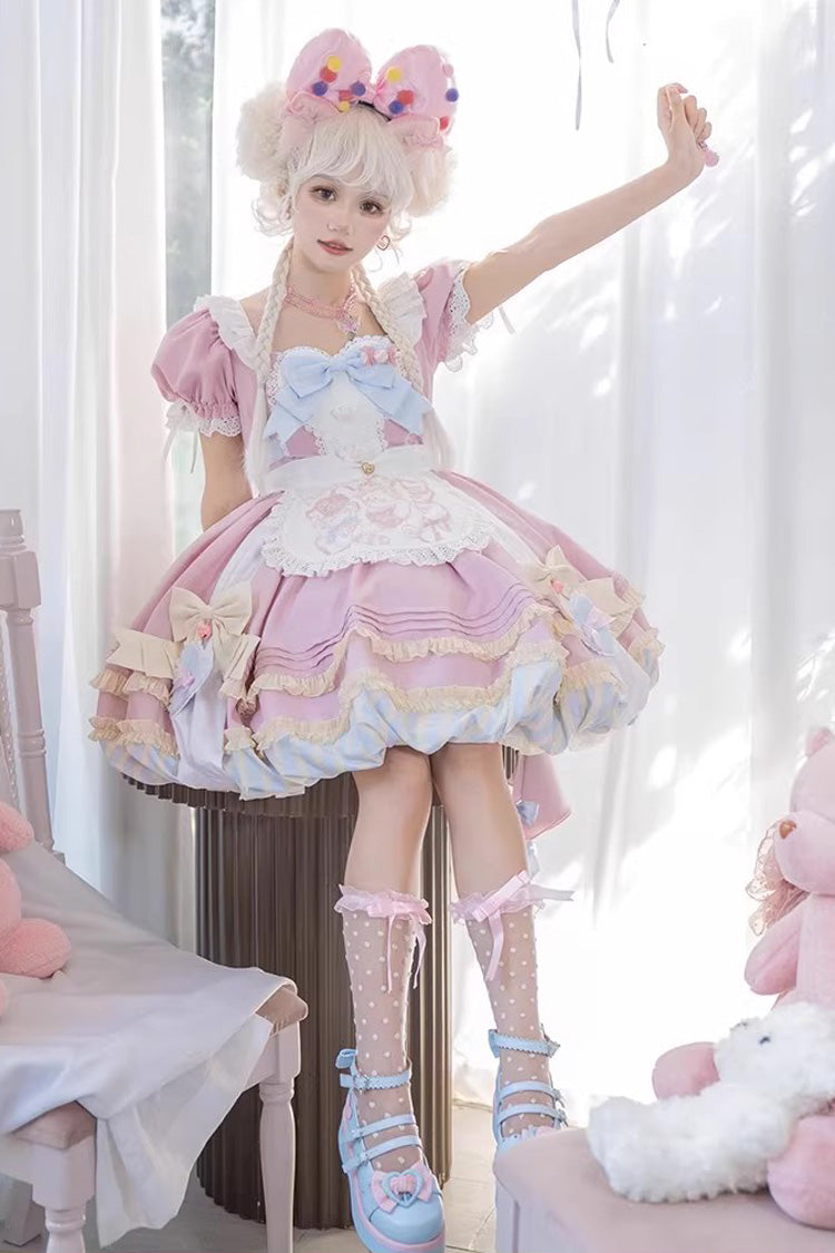 Pink Short Sleeves Multi-Layered Ruffle Bowknot Sweet Princess Lolita Dress Full Set - Product - 7