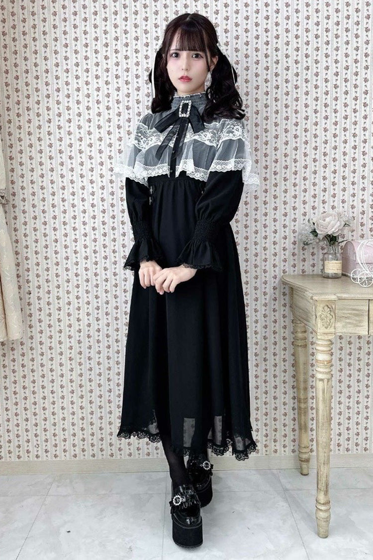 Lace Cape Long Sleeves Bowknot Slim Jirai Kei Japanese Dress 5 Colors - Product - 8
