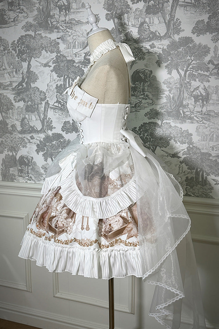 White [The Mystery of The Doll] Halterneck Print Ruffle Bowknot Drawstring Gothic Lolita Dress - Product - 14