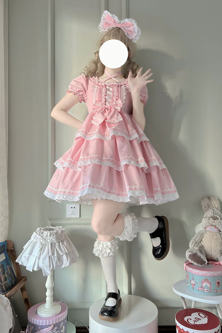 Pink Triple-Layered Detachable Sleeves Bowknot Lace-Up Sweet Lolita Dress - Product - 3