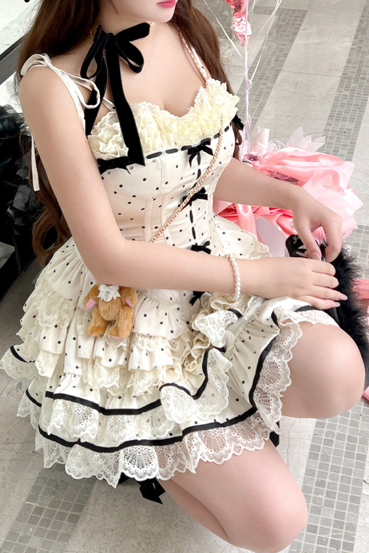 Ivory [Paris Holidays] Multi-Layered Polka Dots Print Ruffle Lace Fishbone Sweet Lolita Skirt Set - Product - 10