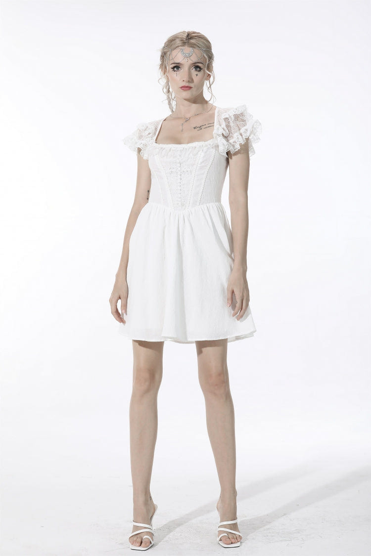 White Layered Lace Square Collar Strappy Women's Gothic Mini Graduation Dress - Product - 8
